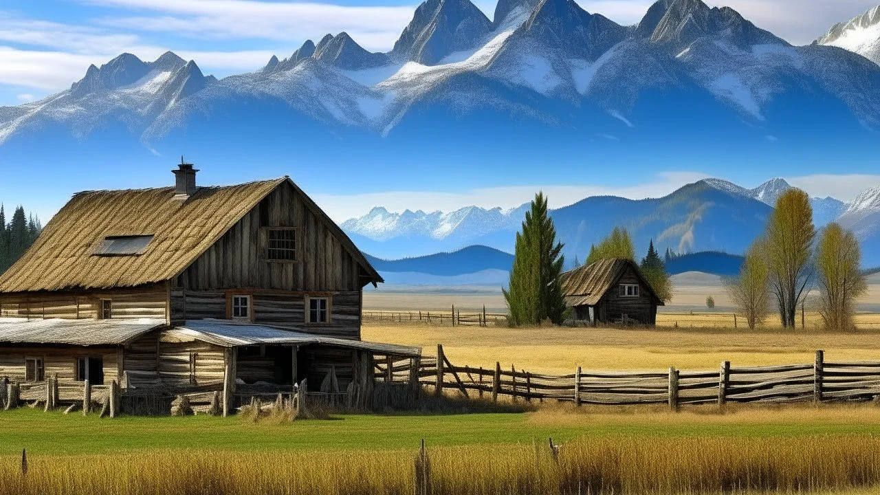 farmhouse and barn in foreground with rocky mountains in the background