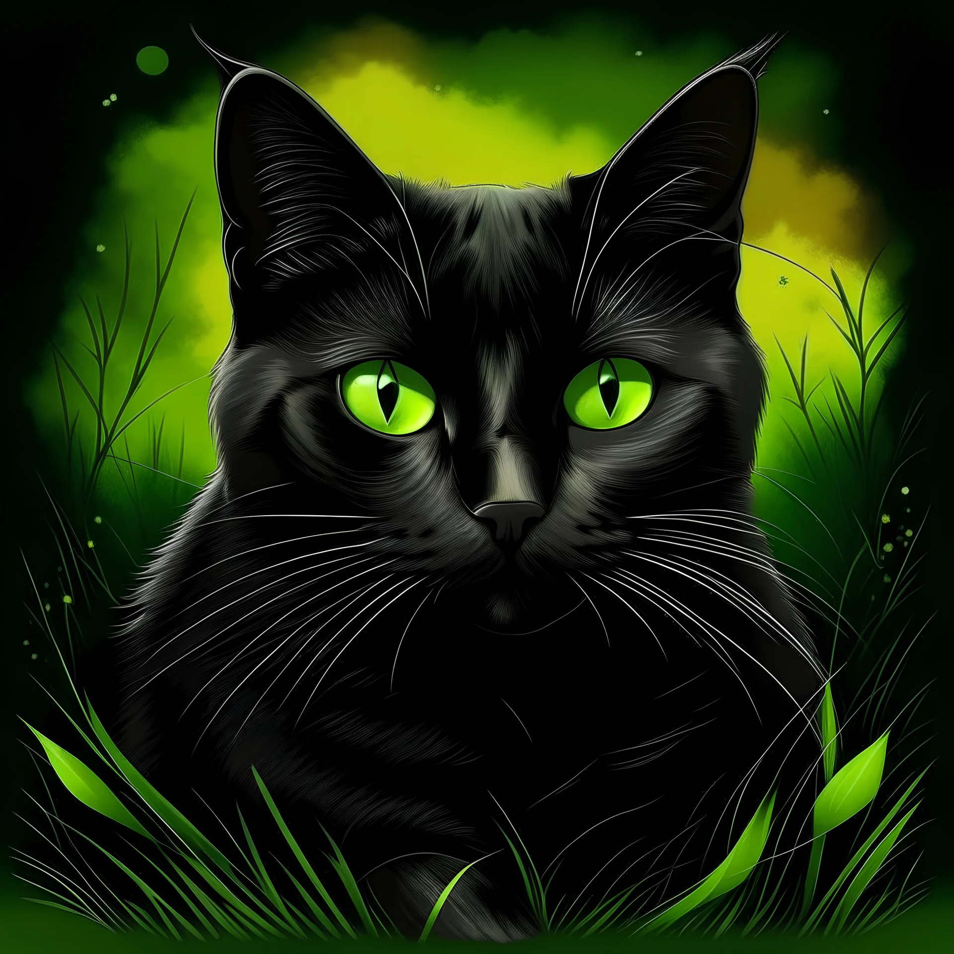 Create black cat with green eyes on meadow rainbow and colour black background