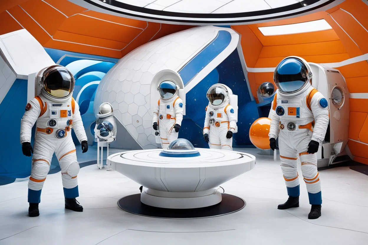 (designed in the space dock by Mario Bellini, 1970) a collection of spacesuits and space equipment that screams retro futuristic vibes. The spacesuits, with bold geometric patterns, stand out like interstellar fashion statements. A low table displays cosmic swirls reminiscent of psychedelic art, complementing the space gear perfectly. Sink into the shaggy, vibrantly-hued seats for a comfy voyage through the galaxies. Angular displays hold ancient relics and futuristic gadgets, merging the pas
