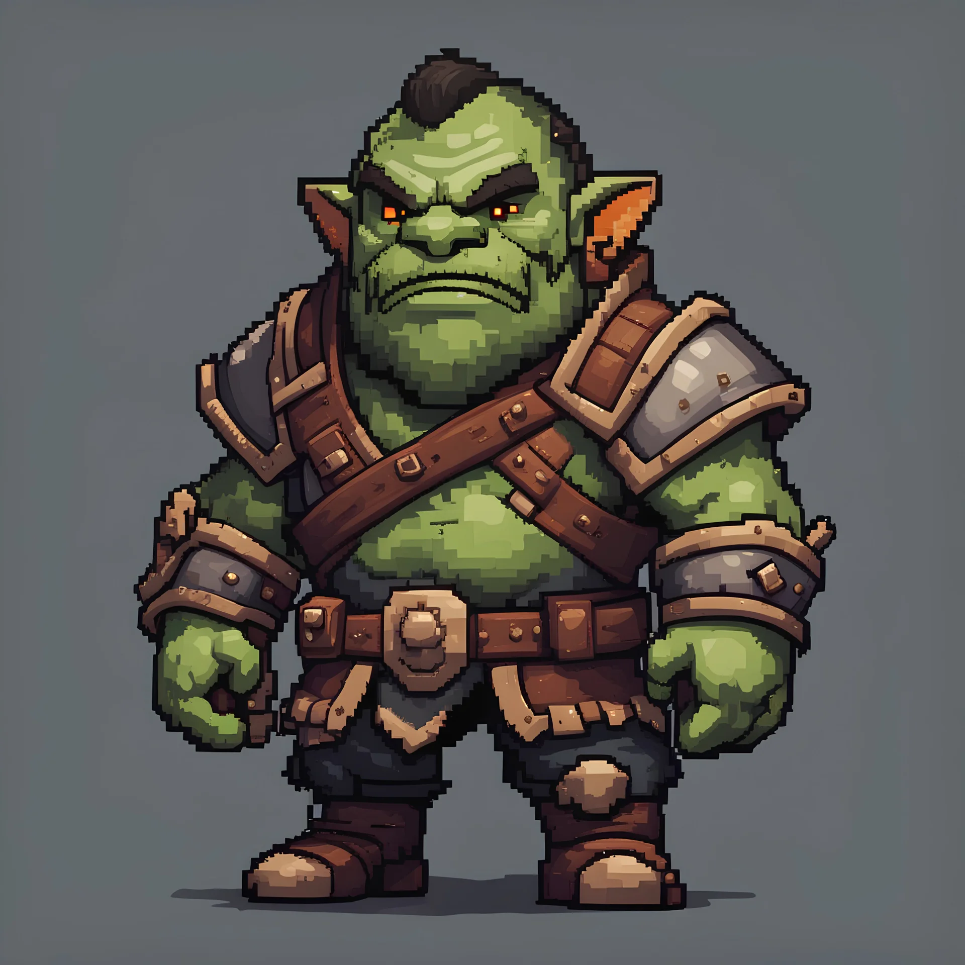 Very low-detail cute top down video game character orc warrior, pixel, in the style of stardew valley, 64x64, dwarf fortress