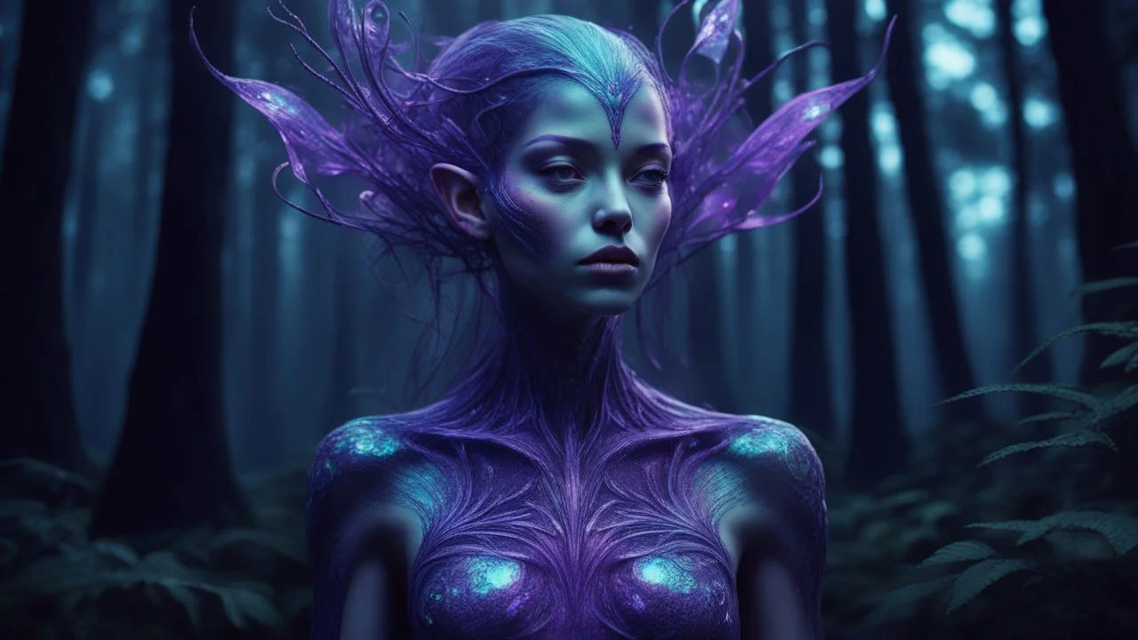 holographic glitch imitation, alien xenobiotic girl with beautiful purple body against dark night forest, split toning effect, subsurface gaussian scattering, dark fantasy, dark botany, photorealistic image, super detail, artistic elven fantasy, filigree, dark botany, ultra detail, dark botany, photorealistic image