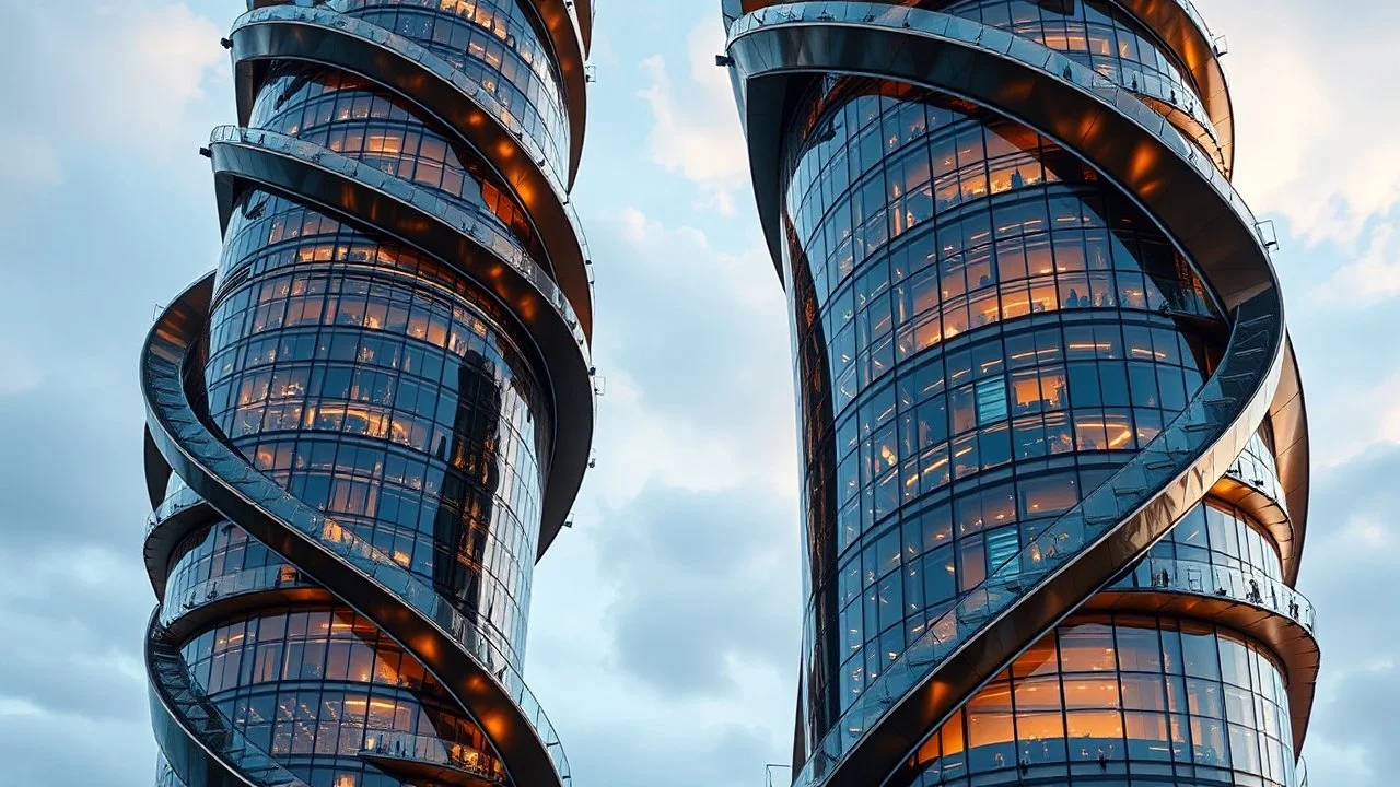 Two intertwined towers with spiral, curved designs and expansive, floor-to-ceiling windows. The outer surfaces are covered with reflective, adaptive panels that change color and opacity depending on the time of day and weather. Award-winning photograph, beautiful composition, exquisite detail and illumination