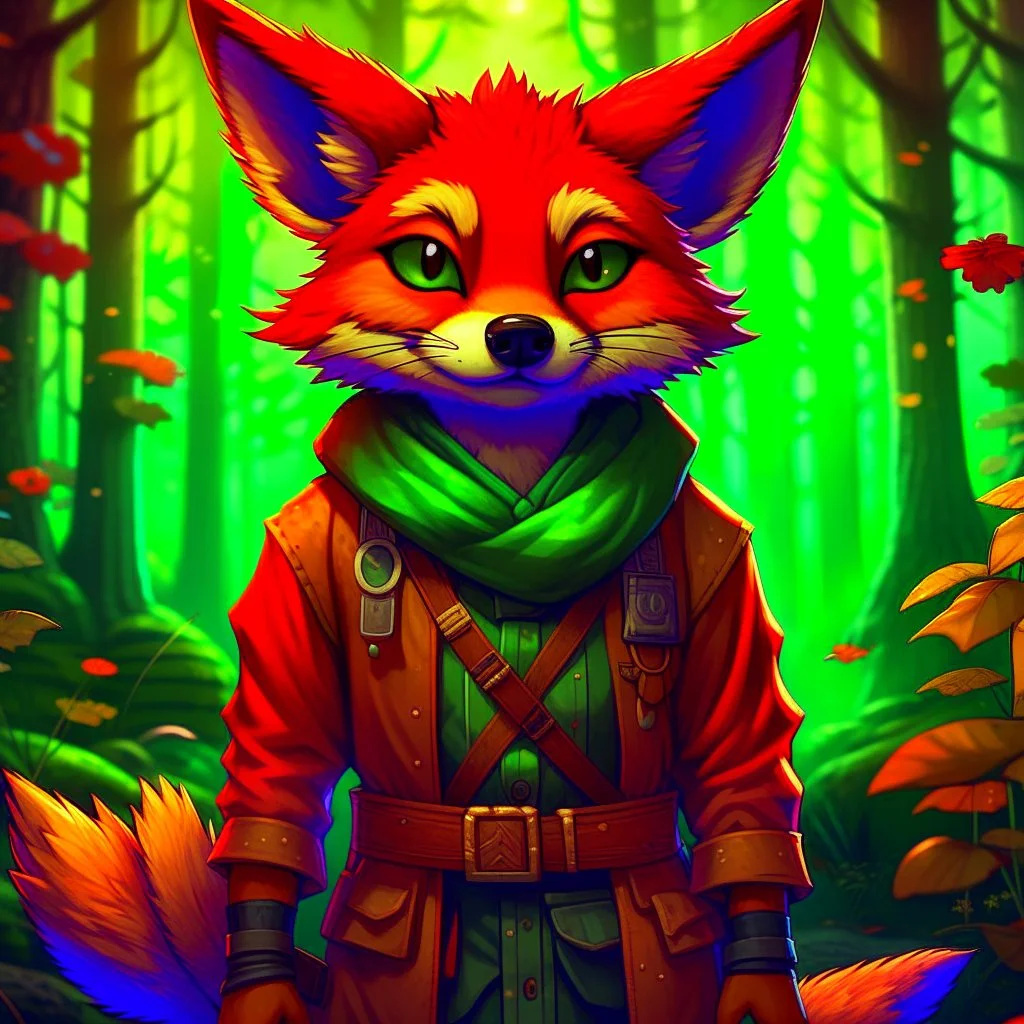 2d anthropomorphic fox in a brown ninja suit hyper-detailed 8k forest