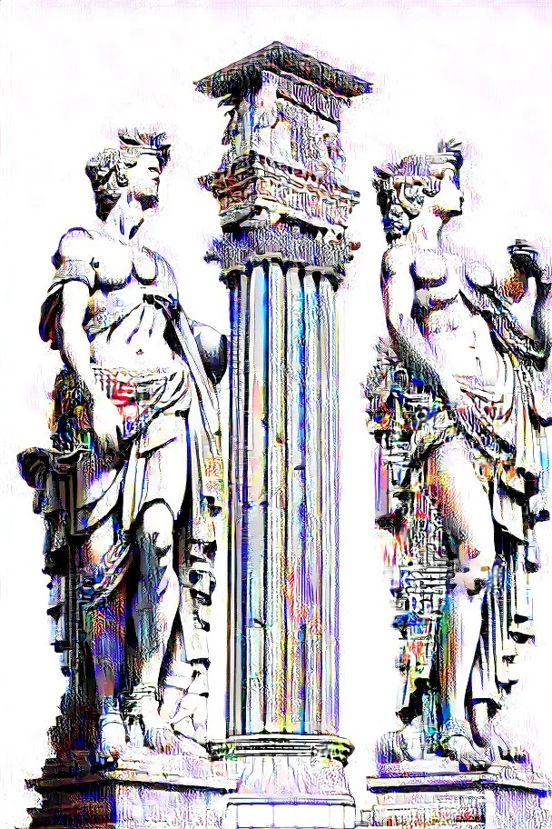 Architecture of ancient Rome of the II century AD Statues of ancient Roman gods contour reconstruction. The drawing is linear, in the style of vector graphics, black and white. High image quality in 8K