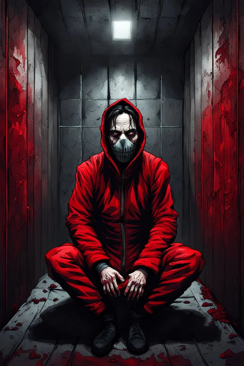 A scary gothic person sits quietly in the middle of a soundproof, padded room conveying intense dramatic emotions in a muted environment, wearing a bright red straitjacket , a mask to cover the mouth area of cannibal evil scary, dark and gothic look, cold eyes, eary ultra detailed,.32k, digital art style with messy paint, hardened sealer appearance, impasto, dramatic Arial view with explosive chaotic background