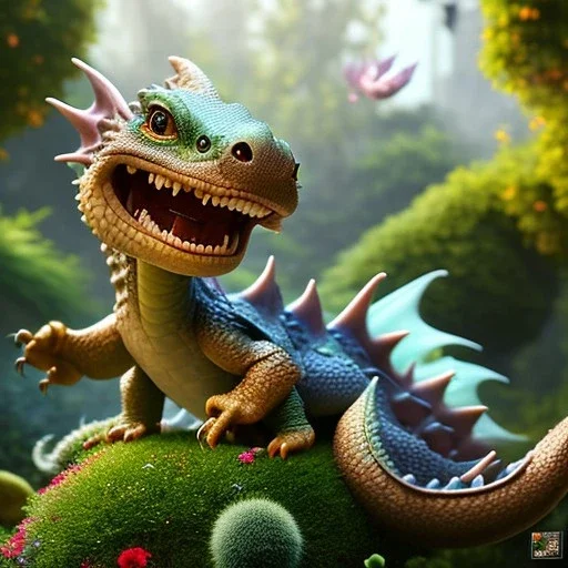 pixar style, volumetric summer garden environment and background, realistic painting of baby dragon, looking excited, volumetric lighting, dramatic lighting, detailed digital painting, extreme dense and fine fur, anime, ornate, colour-washed colors, elegant, small minutiae, tiny features, particulars, centered, smooth, sharp focus, renderman gofur render, 8k, uhd, detailed eyes, realistic shaded volumetric lighting, sunlight caustics, backlight, centered camera view