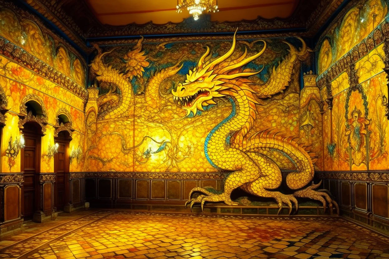 A yellow palace with glowing light dragons designed in ancient Greek mosaics painted by Albrecht Durer