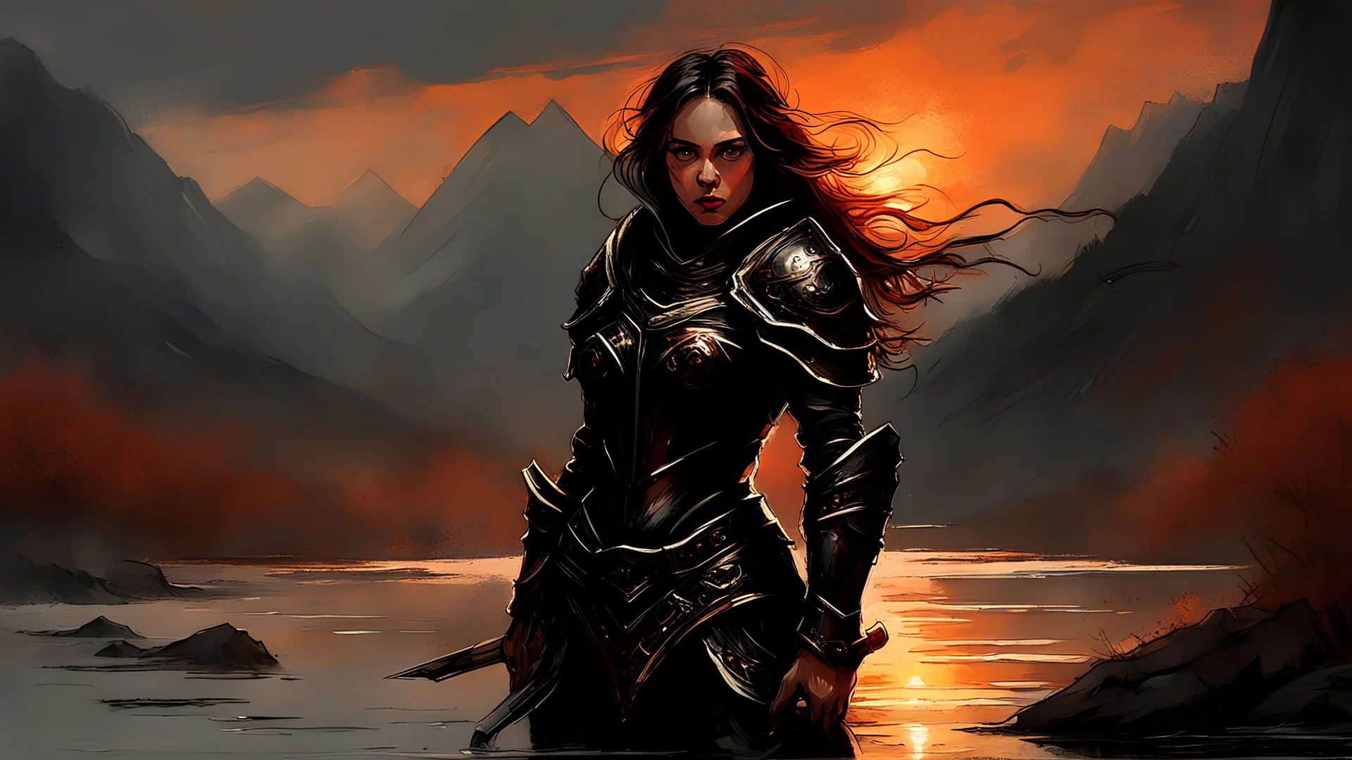 A formidable warrior girl in black armor, on the background Amazing gloomy landscape, flooded with sunset, mountains, trees, fabulous scary hero, , juicy emotions, painting, dark fantasy, gloomy day, dark world, portrait, by Alyssa Monks & Raymond Swanland & James Paick & Anna Razumovskaya