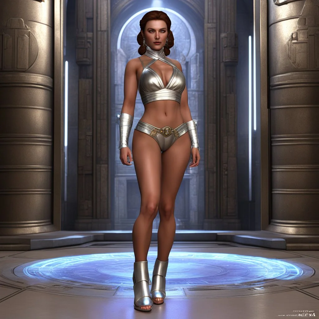 daz3d iray: Milly Alcock in the iconic slave metallic undies of Leia, she stands in a changing room of the Jedi temple, she has silver sandals