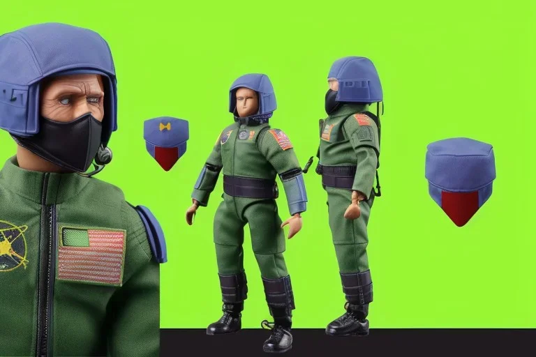 Mike pence G.i. Joe toy doll space force uniform inside a blister packaging hanging on a Wallrack in toystore, fluorescent green, wide angle shot whole body, black moonboots, fullsize, bright green pricetag, on sale!