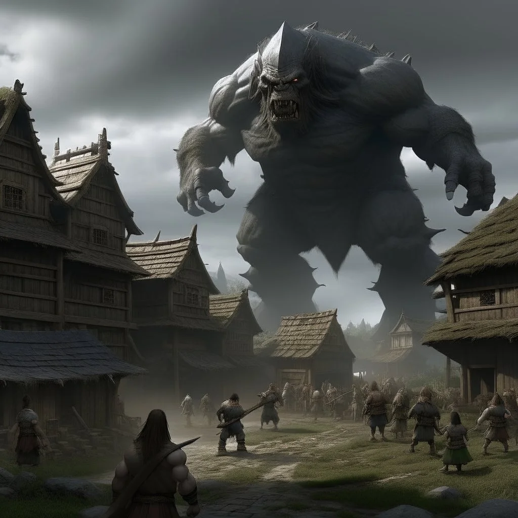 giant attacking village grimdark realistic