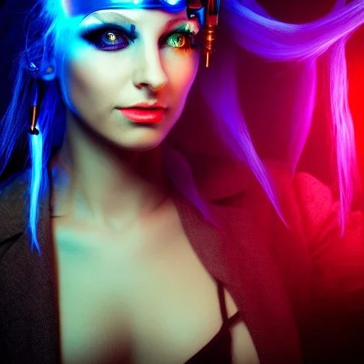 steampunk, head, woman, rendering, blue hair, electric circuits in vackgound, lights, high contrast