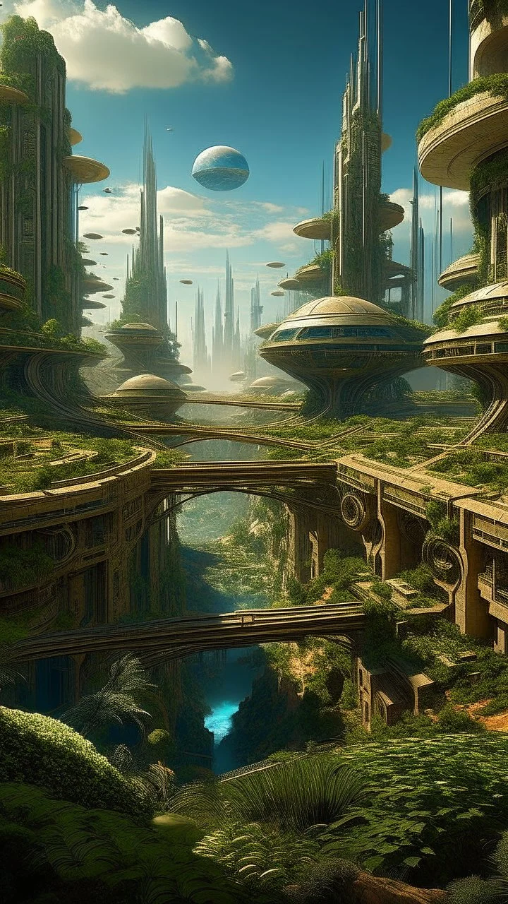 sci fi city, Mediterranean garden, busy city