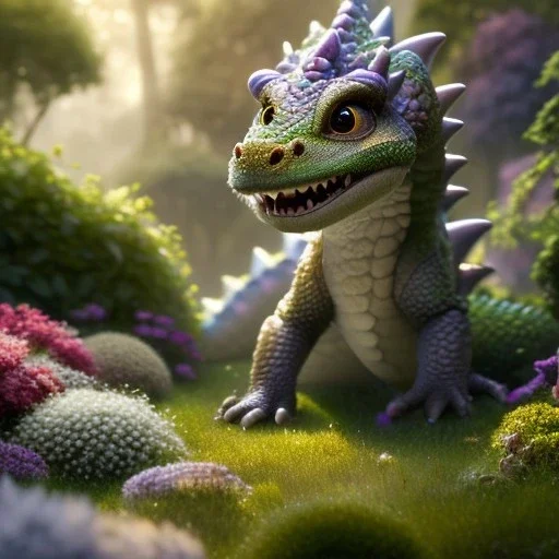 pixar style, volumetric summer garden environment and background, realistic painting of baby dragon, looking excited, volumetric lighting, dramatic lighting, detailed digital painting, extreme dense and fine fur, anime, ornate, colour-washed colors, elegant, small minutiae, tiny features, particulars, centered, smooth, sharp focus, renderman gofur render, 8k, uhd, detailed eyes, realistic shaded volumetric lighting, sunlight caustics, backlight, centered camera view