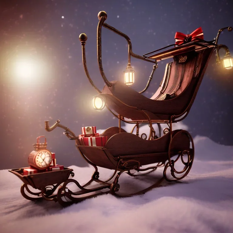 steampunk sleigh filled with christmas presents, 4k, highly detailed, cinematic, ultra photorealistic, ultra realistic, volumetric lighting