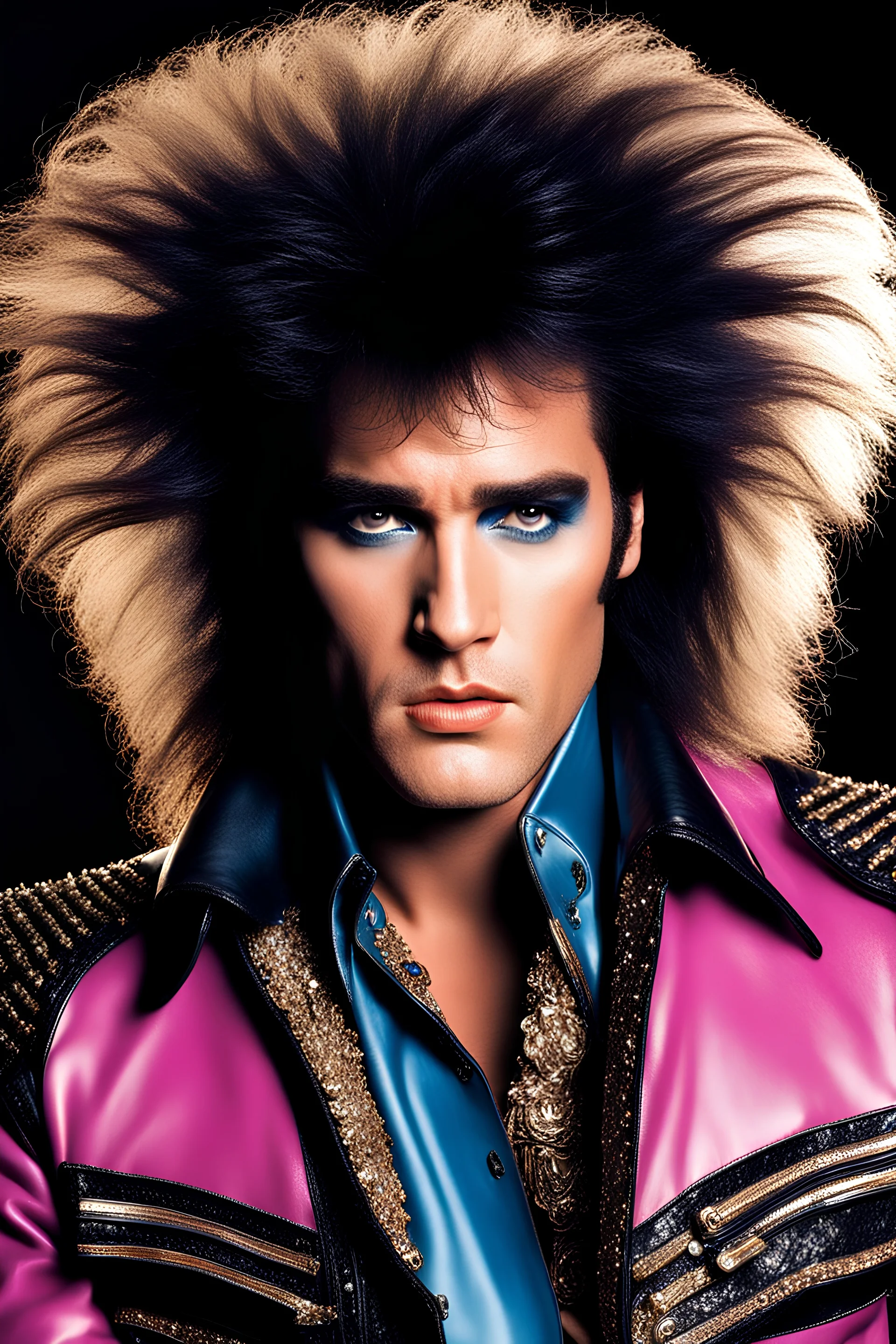 What Elvis Presley would look like if he were in a 1980s, big hair, glam rock band that wears facial makeup and crazy costumes