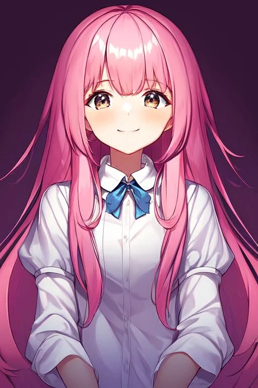 anime, female, young, assistant, cheerful, facing the camera, center in portrait, pink haired, long hair