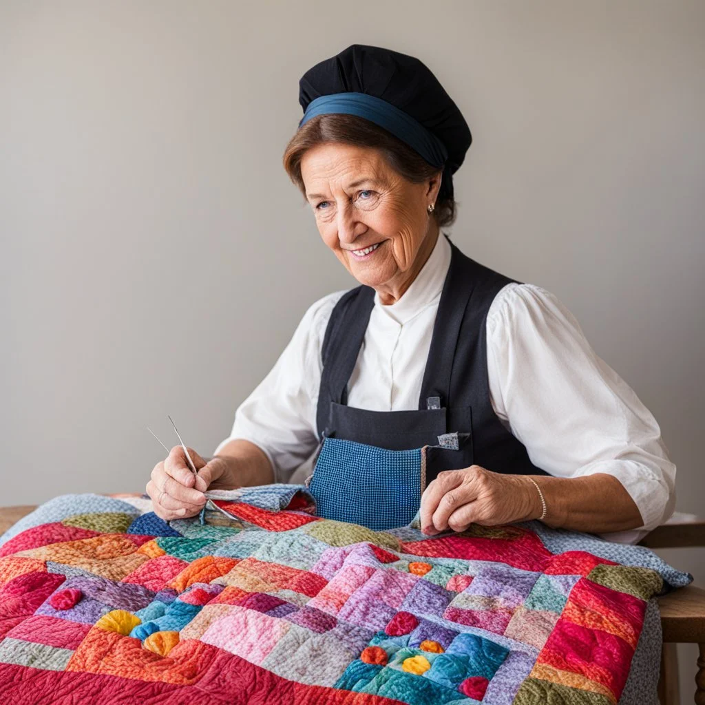 This amish milf likes embroidering and quilts, she holds a sewing kit. She is holding her masterpiece