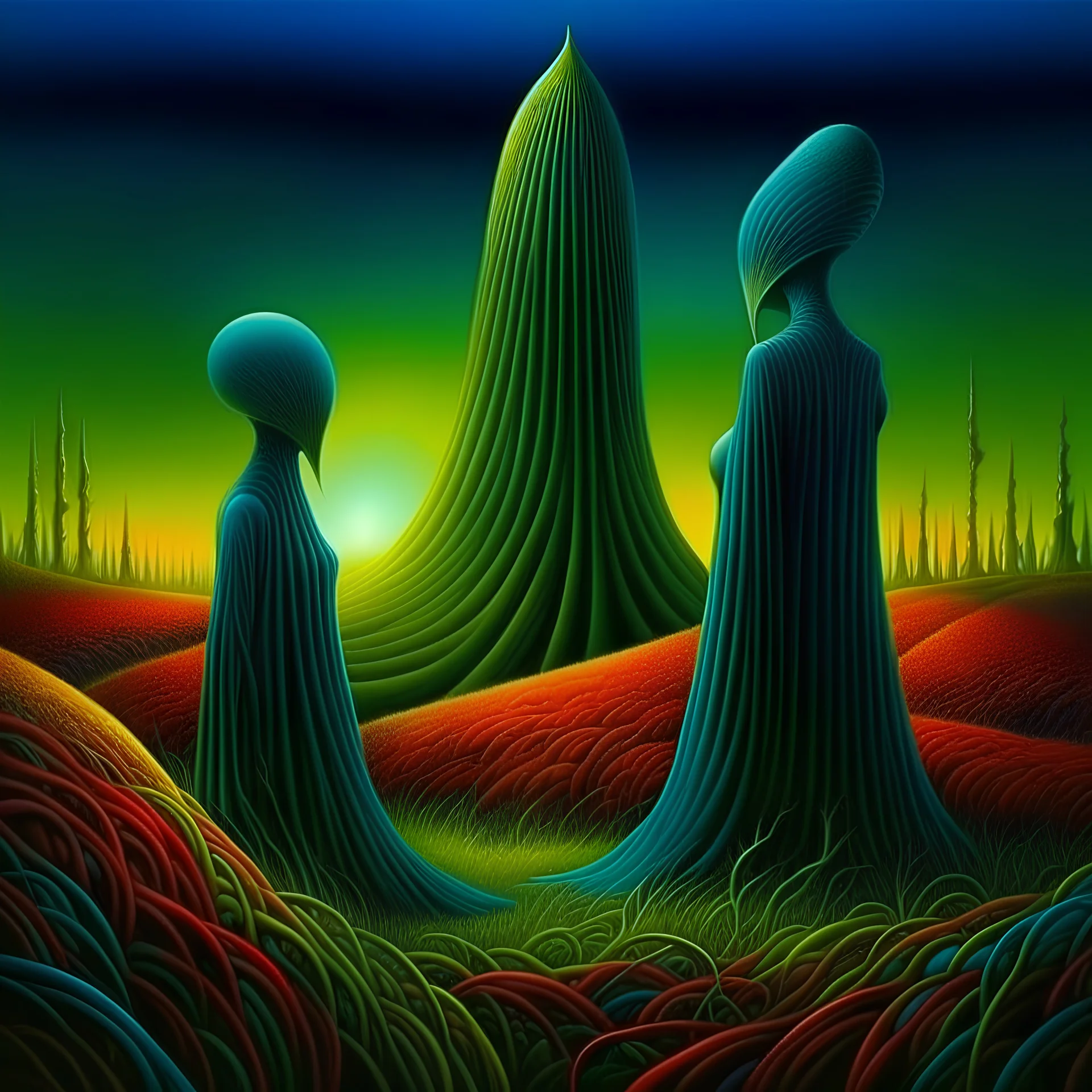 The Burden of madness, surreal masterpiece, by Michael Whelan and Dave McKean and Vladimir Kush and Victor Pasmore, long limbed wispy spectral figures, lunatic biometric grass shines, rich colors. geometric shapes, by Andy Kehoe