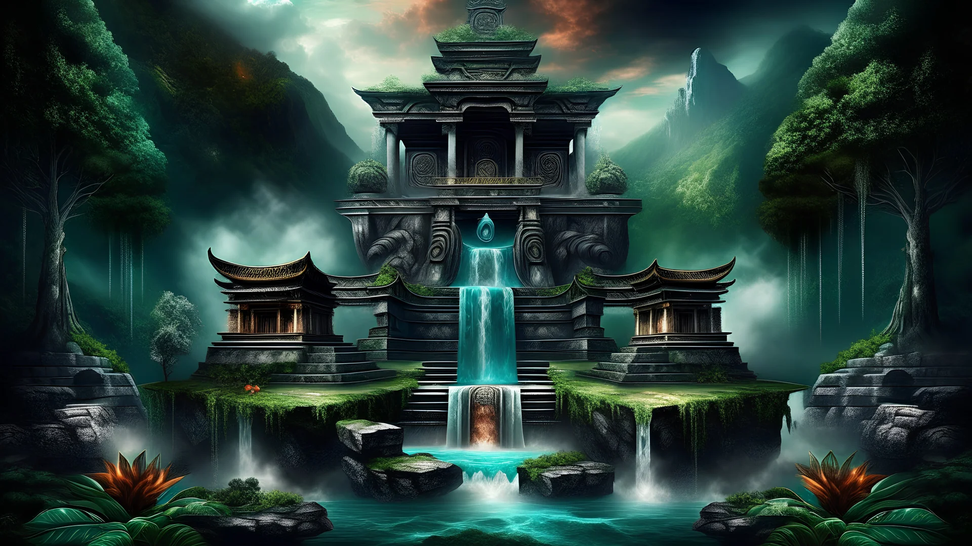 podium for meditation, my dreams . waterfall , day landscape, In the garden my mind bows . meditation .The ruins of a village in the midst in the jungle , mountains. space color is dark , where you can see the fire and smell the smoke, galaxy, space, ethereal space, cosmos, panorama. Palace , Background: An otherworldly planet, bathed in the cold glow of distant stars. Northern Lights dancing above the clouds in guinea.