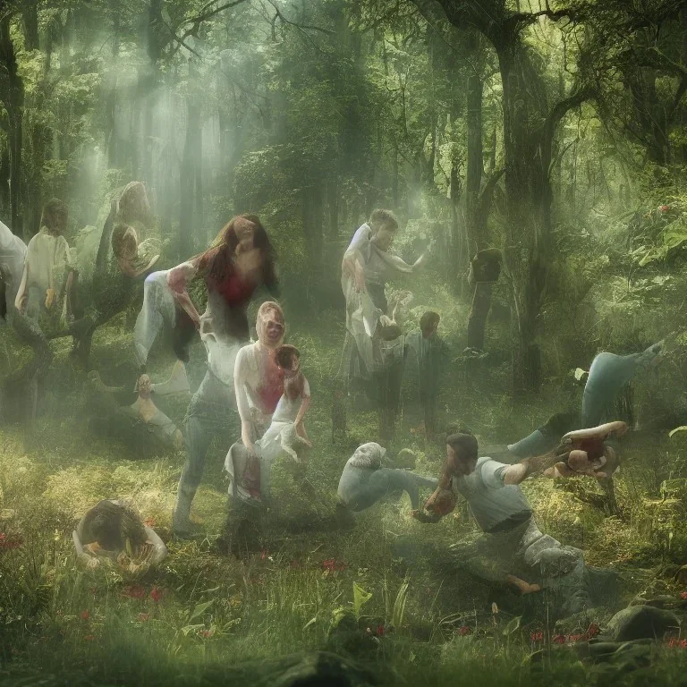 a creepy family stained with blood eating a raw bloody lamb and dancing at a beautiful serene little river in a sunny green forest in spring, flowers, sunlight, bokeh, hyper realistic, unreal engine, 8k, ultra high resolution, realistic, photo, sunlight, dramatic, oil paint, unreal engine, hyper real, ultra high resolution, 8k, lsd, acid, psychedelic, picknick, blood on face and hands, bloody, creepy, dancing, video game, mist, light rays