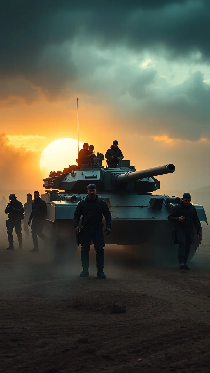 Bosch painting style nightmare , 3D ,a group of men in black led by army tank in a dramatic misty scene of the sunset time in a stormy weather in the desert background, high Quality picture , 8k