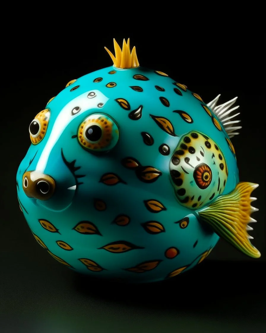 A turquoise water elemental pufferfish designed in Matryoshka dolls painted by Frank Lloyd Wright