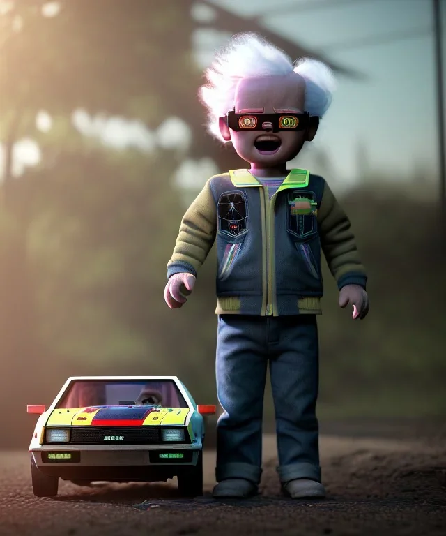 Emmet brown toddler, full body, delorean, dramatic lighting, hyper realistic