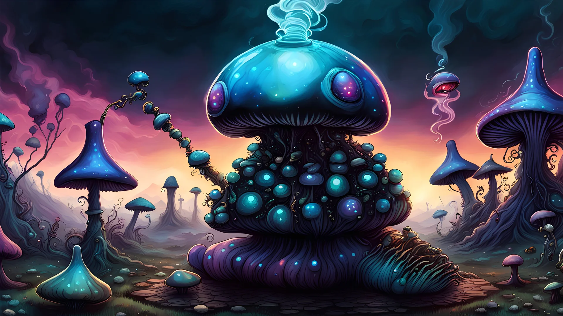 A gritty, full-body shot of an insatiably evil black opal iridescent pearlescent dark caterpillar alien hybrid from alice in wonderland sitting on a mushroom smoking a hookah in a surreal landscape, with sharp ivory teeth, macabre, Dariusz Zawadzki art style, liminal spaces, horror art, dark gaming background, wet, glossy, horror art, trypophobia, eerie, intricate details, HDR, beautifully shot, hyperrealistic, sharp focus, back lit, 64 megapixels, perfect composition, high contrast, cinematic