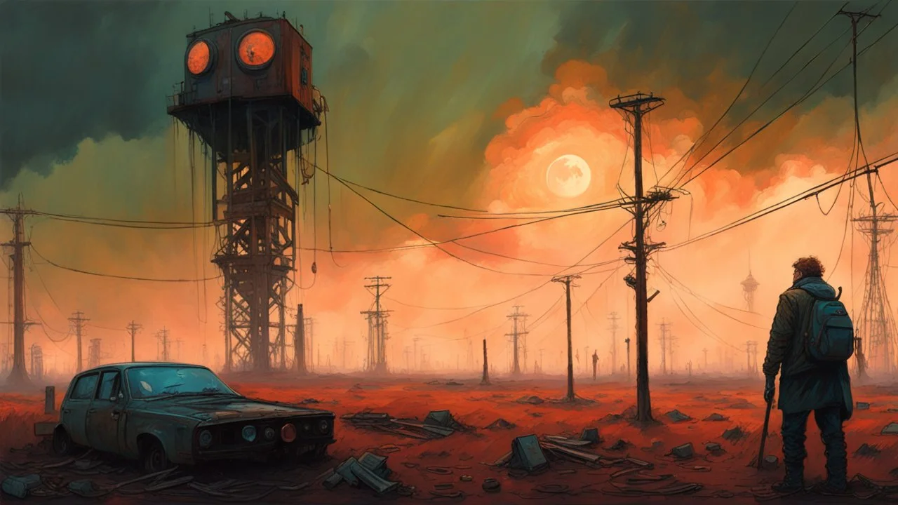 Strange surreal world, techno gothic, post apocalyptic art, neo cyberpunk renaissance, Science fiction painting, Denis Sarazhin Simon Stålenhag, Nicolas Bruno, sinister vibes, harsh survivalism, Peter Sallesen, Hamish Frater, ominous sky