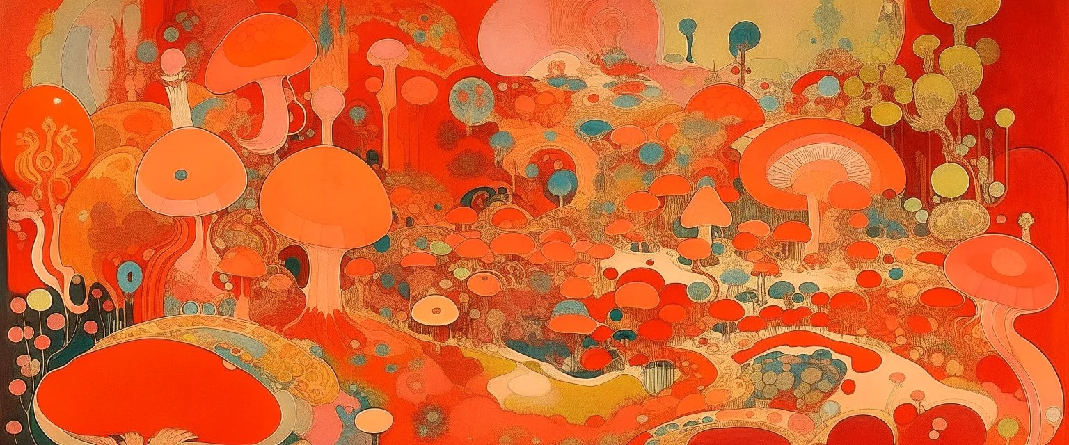 A salmon orange color fairy kingdom filled with mushrooms painted by Wassily Kandinsky