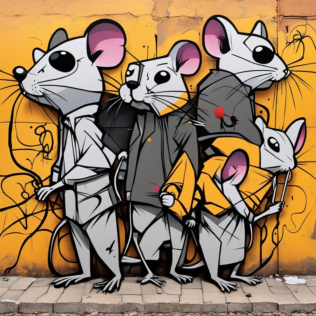 Three Blind Mice with black blind-person style glasses, sinister, modern graffiti street art on city wall, dramatic, eerie, warm colors, dynamic diagonal composition, by Stik and Blek de rat and Petros Afshar, color spray paint, concept art, stunning, Eldritch