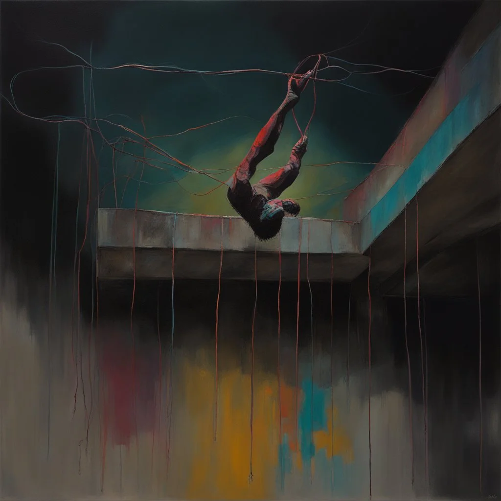 Minimal abstract oil painting of a falling person limbs sinew twisted .triadic colour. Random words. Amongst concrete fragments brutalist architecture and hanging wires illuminated at night. In the style of Justin Mortimer and Phil Hale and Ashley Wood