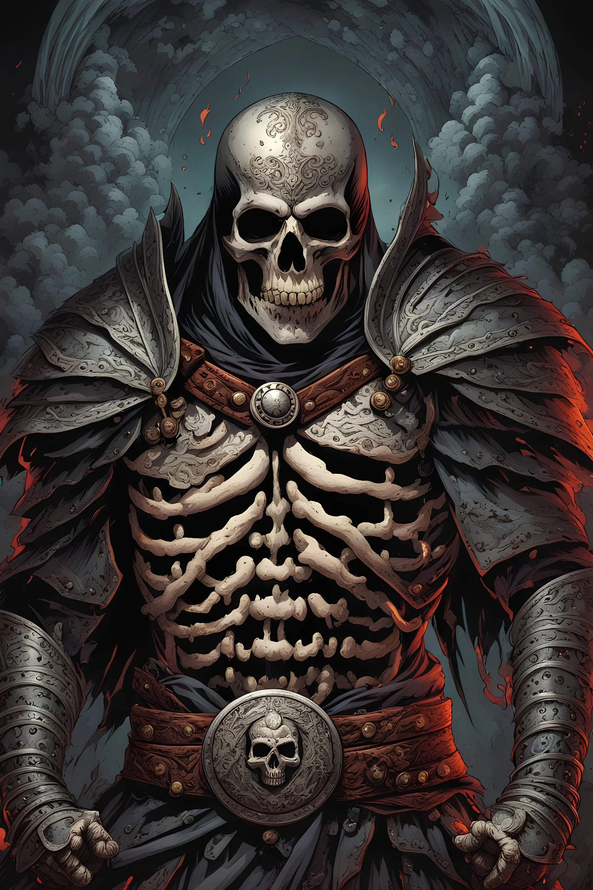 a warrior with his chest made of bones and eyes made of smoke. dark horror setting. terrifying horror backgrund. blood, guts, gore. visceral. Mark Brooks and Dan Mumford, comic book art, perfect, smooth