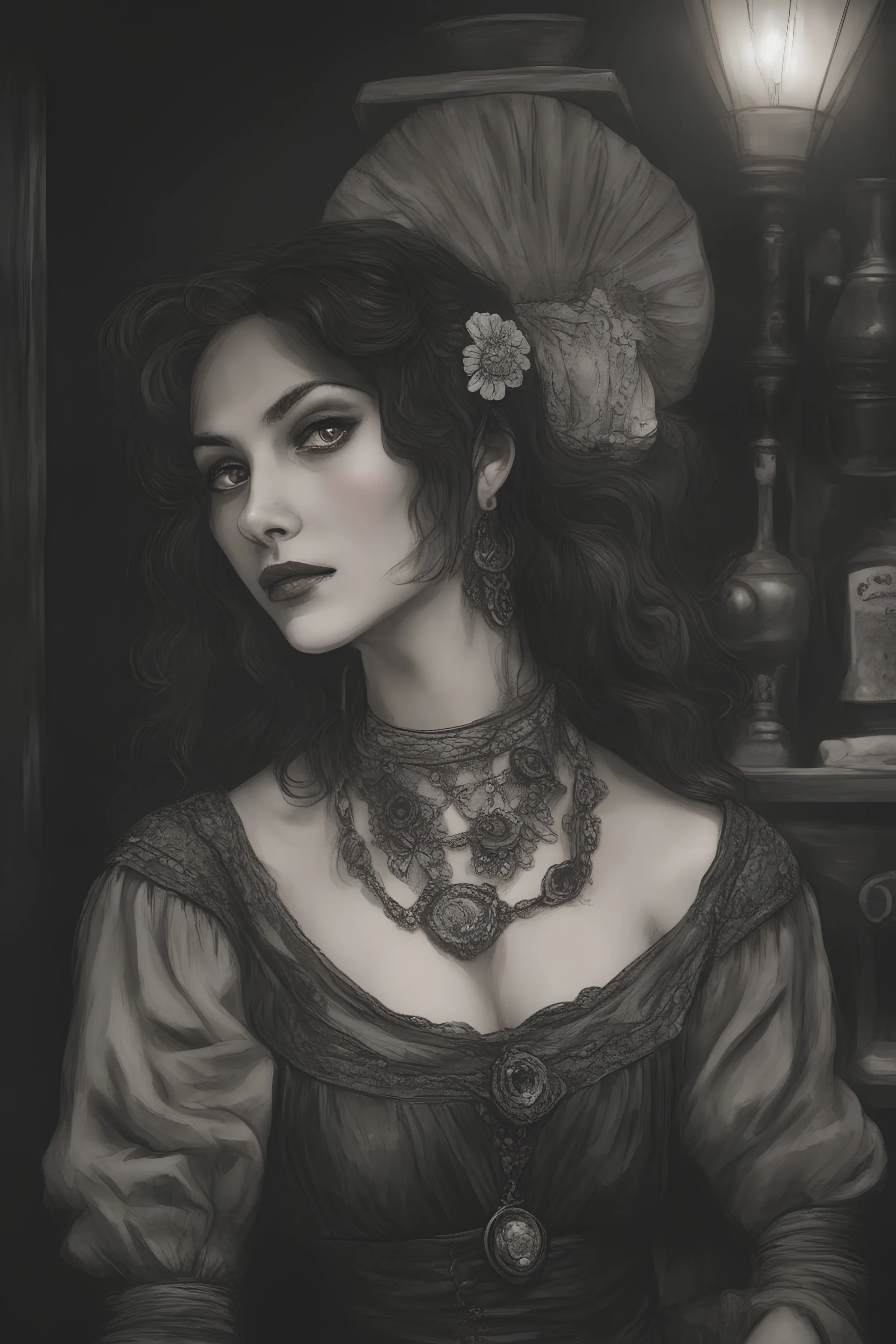 Photo of a young, girlish DnD rogue and traveling entertainer wearing a gypsy style gown in the filthy taproom of an old tavern at night. Her eyes are dark and mysterious and she wears a slightly cocky smile on her lips.
