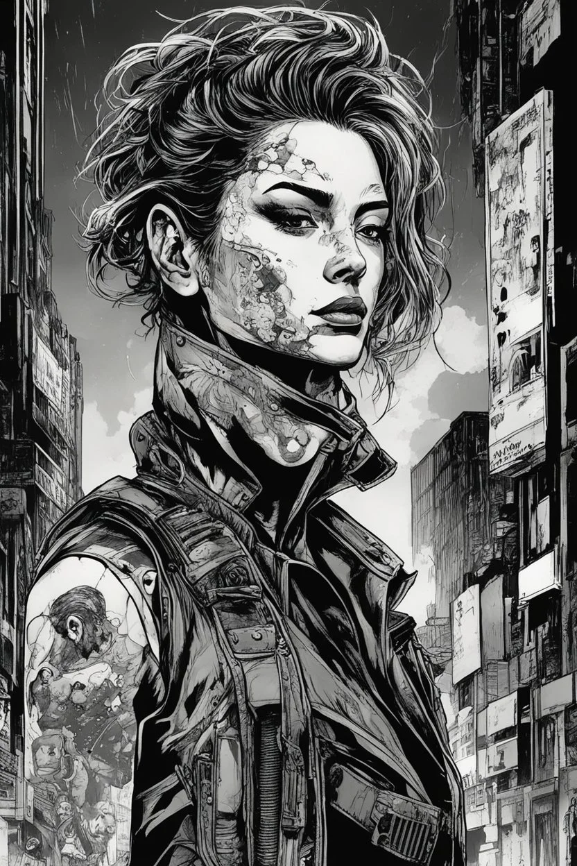 create a negative space illustration of a female cyberpunk private detective with prosthetic arm in flak vest, with highly detailed , sharply defined feminine facial features, in a chaotic, turbulent, otherworldly Tokyo in the graphic novel style of FRANK MILLER, precisely drawn, inked, with dramatic edges, chiaroscuro ,