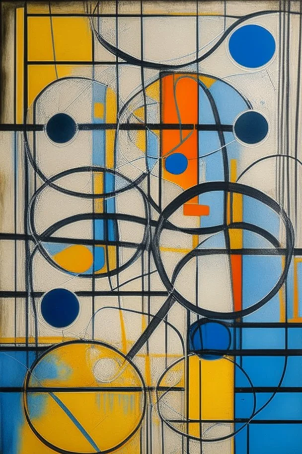 Abstract wet oil painting, ink lines, interlinked circles, mondrian