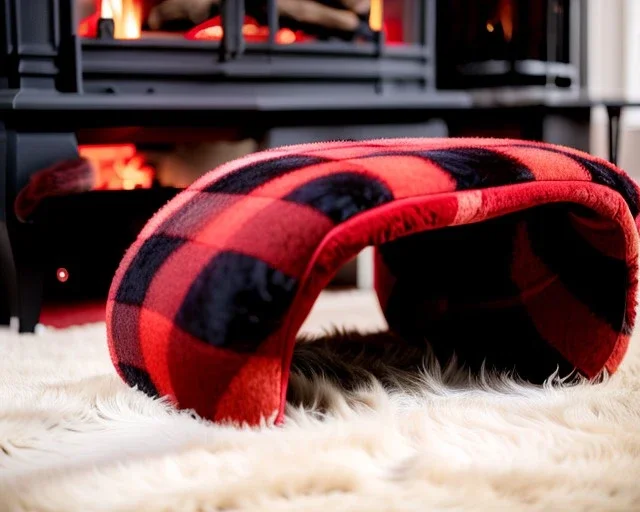 Red plaid slipper on a fur rug by the stone fireplace