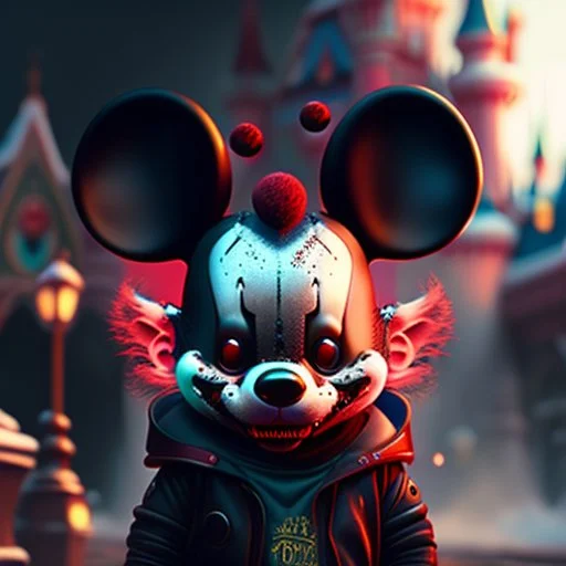 zombie mickey mouse hybrid, photorealism, movie screen capture, horror, sci-fi, evil, hungry, rotted