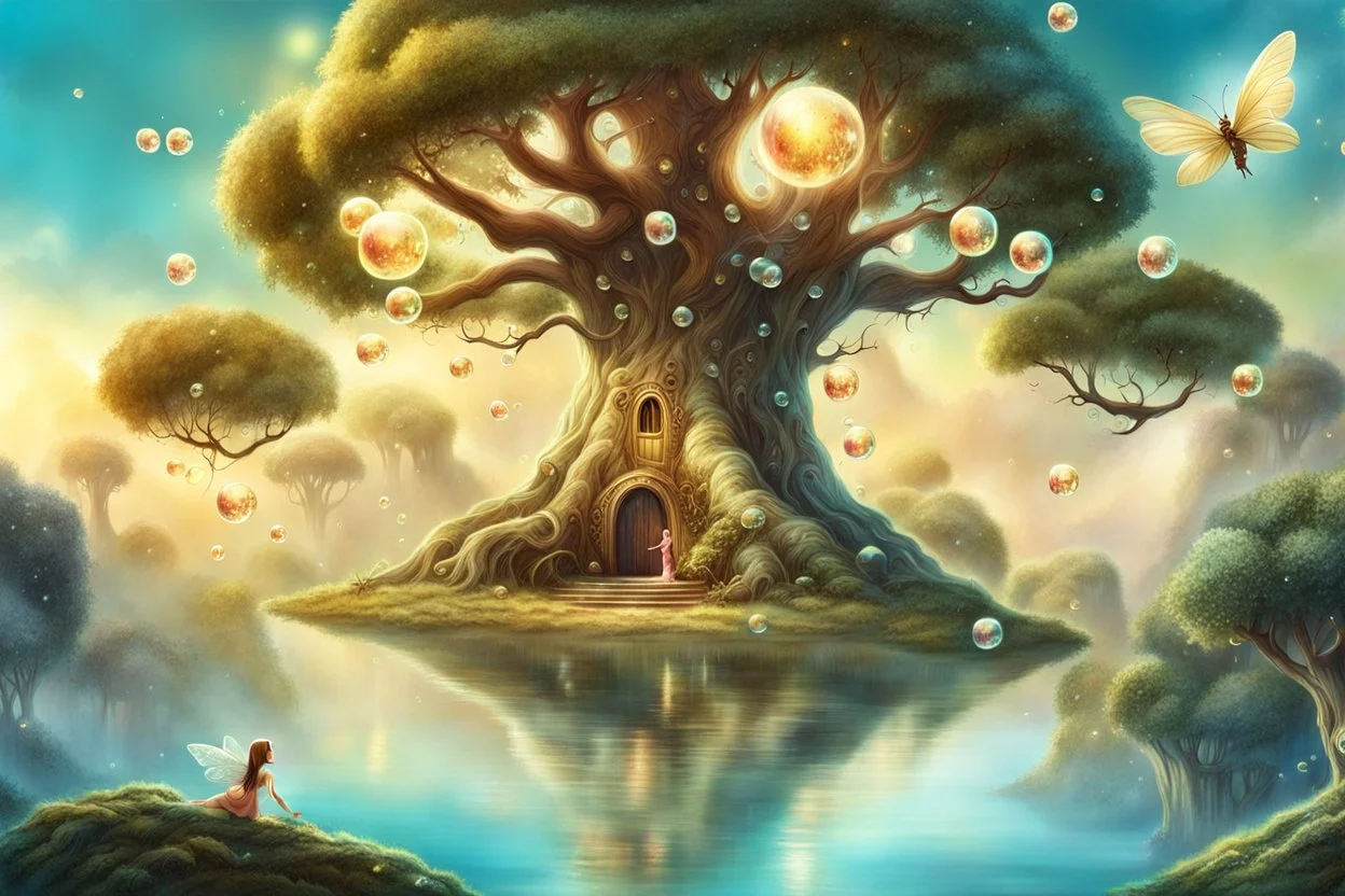 story book stunning fantasy picture of ancient Tree Ent, little Fairies around floating, shiny bubbles, nice european pale colors fairies, detalied, masterpiece,random background , epic, fantasy style, movie characters, fantasy atmosphere