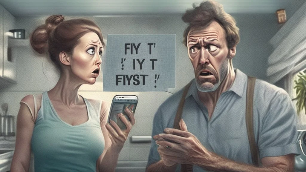 photorealistic man with woman at kitchen on cellphone upset with thought bubble thay says "NO FLY list"