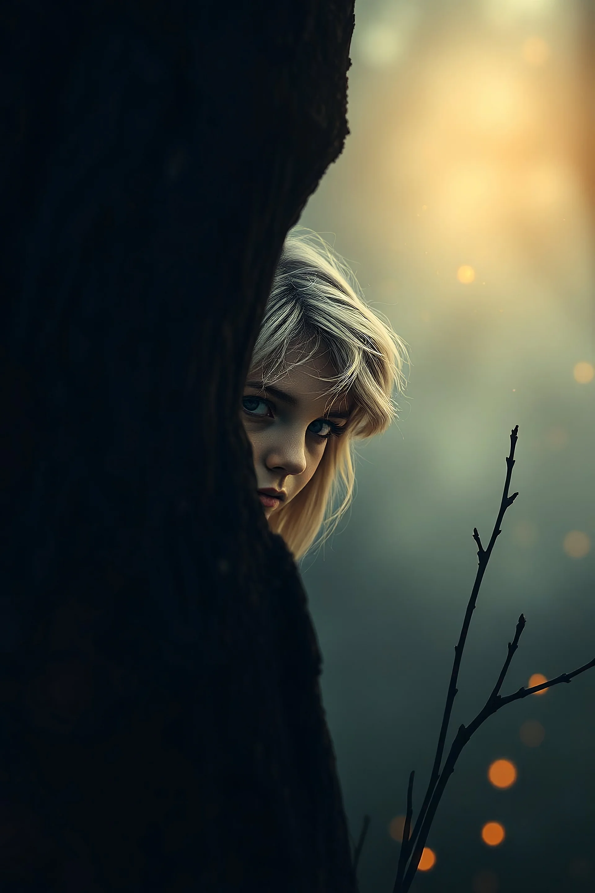 Extremely realistic photo of fairy peeping behind a tree trunk and fireflies , fog, general foul weather, (Rembrandt Lighting), zeiss lens, ultra realistic, (high detailed skin:1.2), 8k uhd, dslr, Dramatic Rim light, high quality, Fujifilm XT3, artwork in pale distressed tones , minimalistic approach, blends old world aesthetics art with elements of distressed painting and illustration, shadow play, high conceptuality, palette inspired by Charlene Mc Nally, Carne Grif