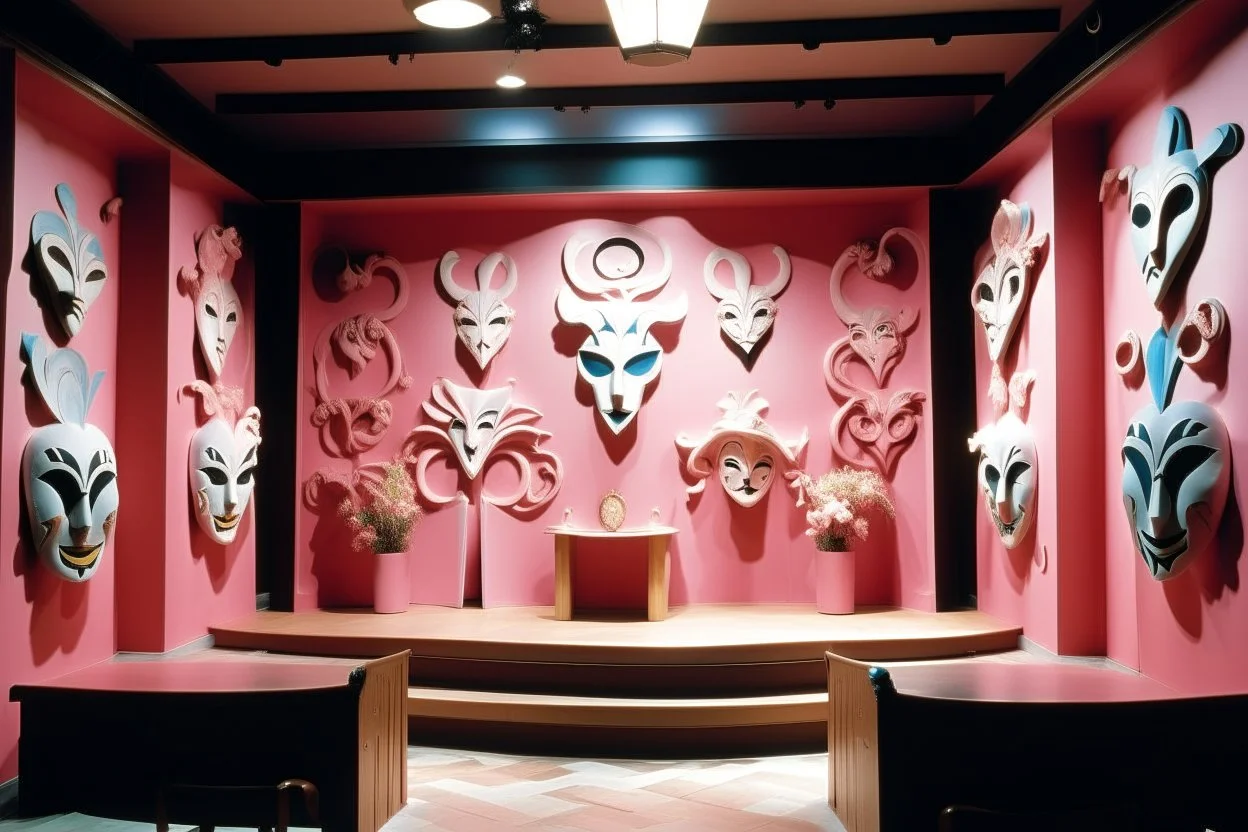 A light pink magical theatre with drama masks painted by Henri Matisse