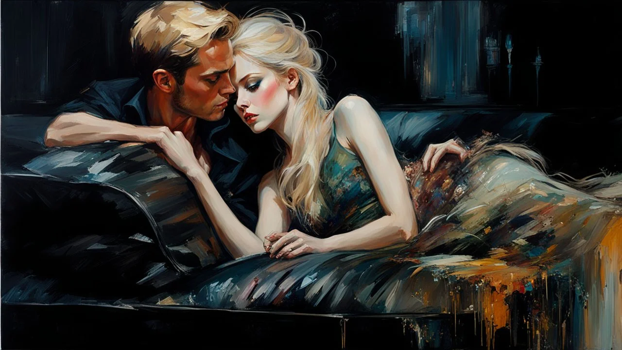 Blonde Pale Very Thin Scandinavian Woman 30yo, Big Eyes, Long Eyelashes And Eye Shadow, on steve Roger's lap kissing :: by Robert McGinnis + Jeremy Mann + Carne Griffiths + Leonid Afremov, black canvas, clear outlining, detailed