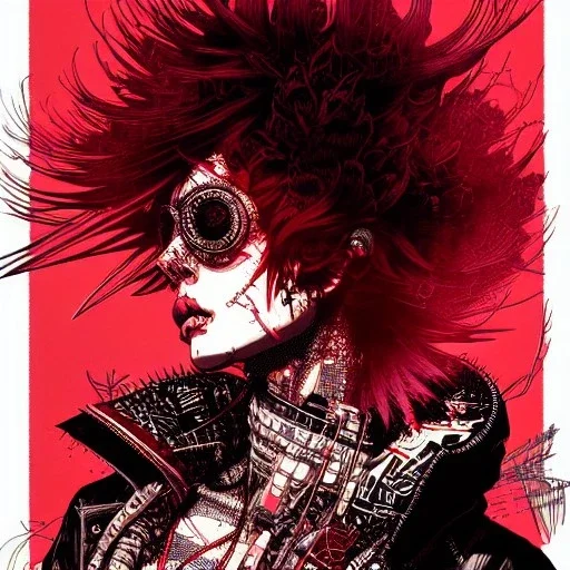 beautiful punk girl, hyper detailed, hyperdetailed, intricately detailed, illustration by <kilian eng> <Yoji Shinkawa>, darkred tones,