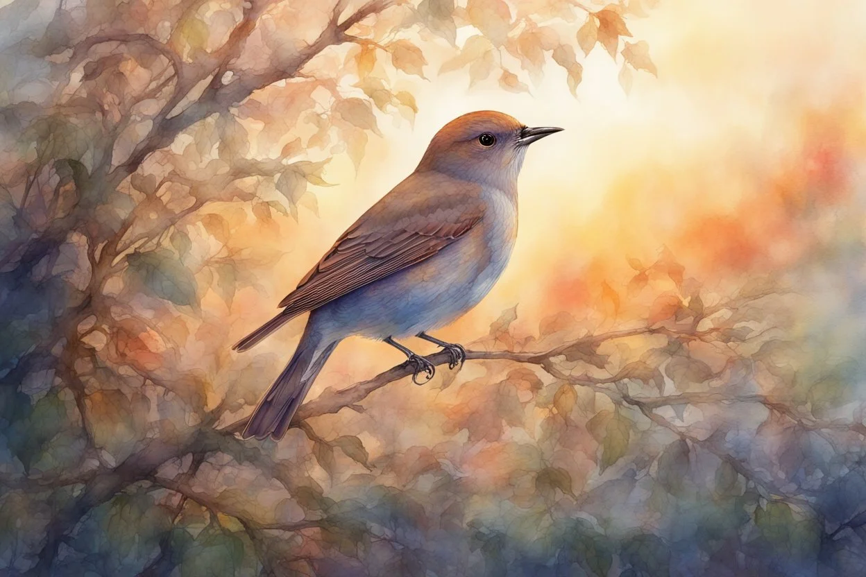 Nightingale on a branch in a thick hedgerow, singing, the breath draws a misty swirling pattern, sunrise, warm colors, smooth intricate high definition beautiful lighting watercolor dramatic lighting polished deep color warm light