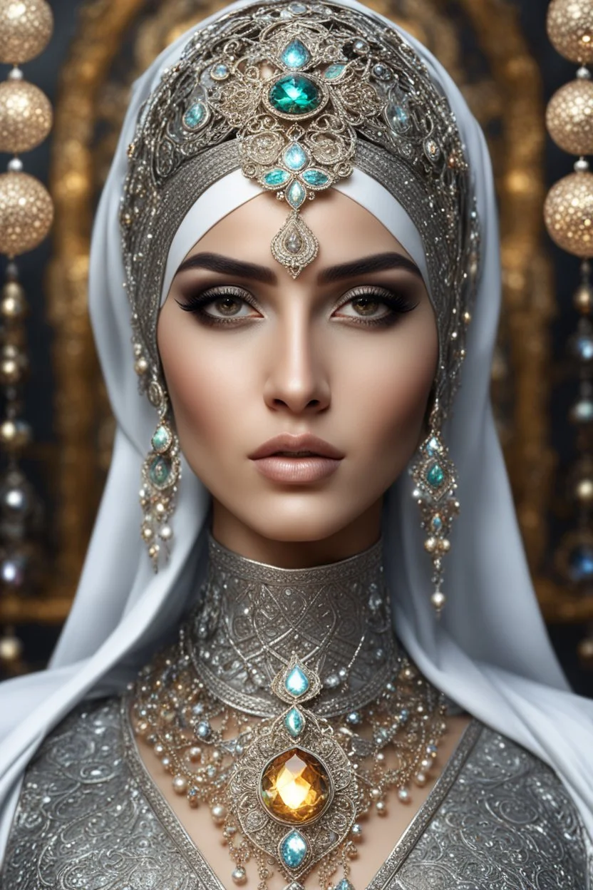 photography realistic portrait of young iranian woman hijab, beautiful, shiny hard eyes, make up, Fantasy style, shiny baubles, ornate, large gemstones, shiny molten metalics, shiny wire filigree, silver hair, high definition, high res, octane render