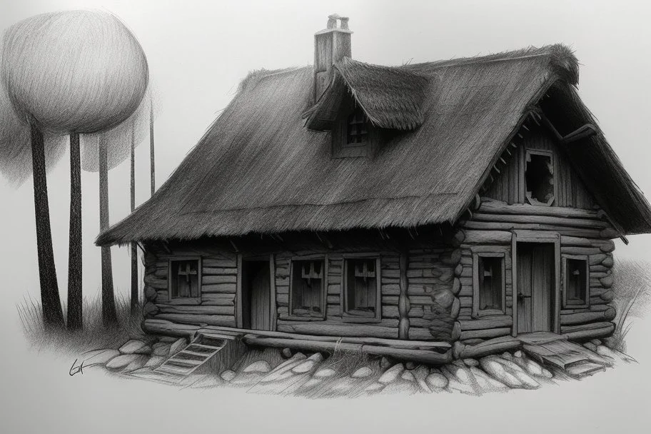 basic pencil sketch of Hagrids round hovel isolated in a forest clearing