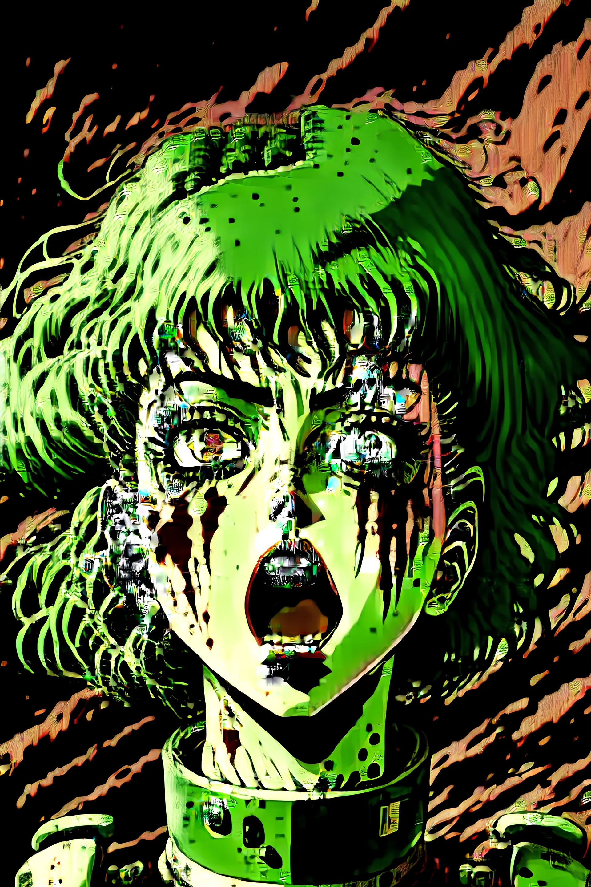 90s anime sci fi green hair space Captain girl blood on face scared, rattled and shook, violent atmosphere, retro manga style, hyper detailed, Japanese horror, junji ito,