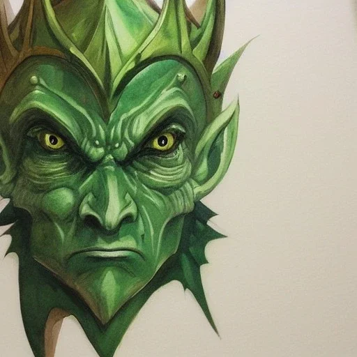 dungeons and dragons, fantasy, goblin, king, green skin, watercolour, large strokes, distinct face, portrait, head, crude crown